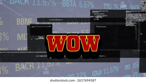 Image of wow text over data processing. global social media, data processing and digital interface concept digitally generated image.
