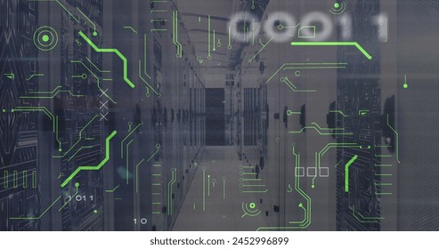 Image of x symbol with binary codes and circuit board patterns over server room. Digital composite, coding, networking, data center, security, technology and network server concept.
