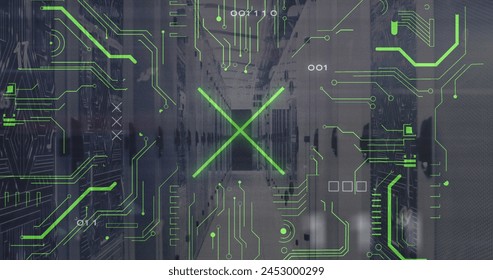 Image of x symbol with binary codes over circuit board pattern on server racks. Digital composite, multiple exposure, coding, networking, technology and network server concept.