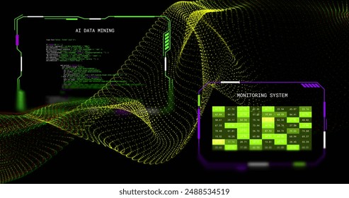 Image of yellow 3d network and interfaces ai data mining and monitoring system, on black. Connection, data, ai, processing, digital interface and communication, digitally generated image.