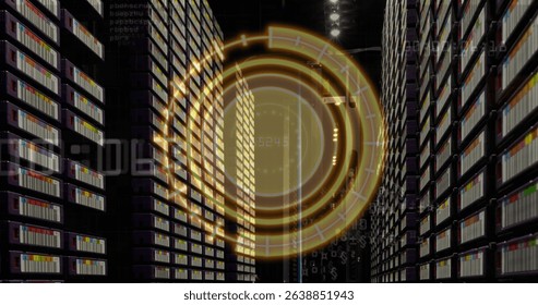 Image of yellow circle over servers. Computers, data processing and technology concept digitally generated image.