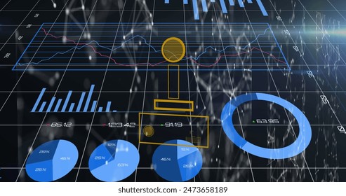 Image of yellow game controller, connected dots moving over multiple graphs on grid pattern. Digitally generated, hologram, report, database, image game, console and technology concept.