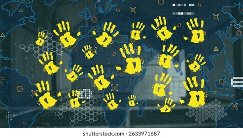 Image of yellow hand prints over world map, data, icons on grey background. Data processing, network and communication concept digitally generated image.