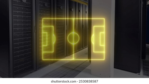 Image of yellow neon football pitch markings over computer server room. Global communication, sports, data and digital interface concept digitally generated image.