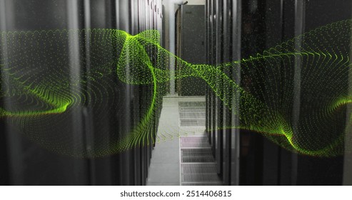 Image of yellow network wave over computer server room. Data, digital interface, connection and communication, digitally generated image.