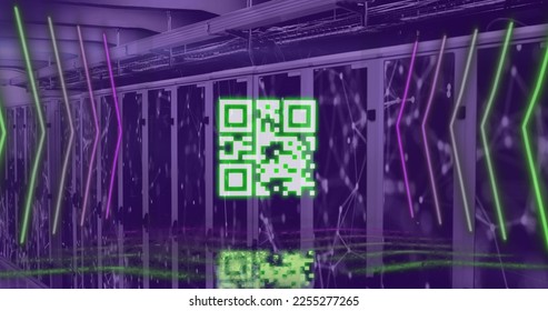 Image of yellow qr code and neon lights over networks and computer server room. Global communication, business, data and digital interface concept digitally generated image. - Powered by Shutterstock