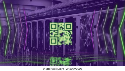 Image of yellow qr code and neon lights over networks and computer server room. Global communication, business, data and digital interface concept digitally generated image. - Powered by Shutterstock