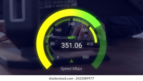 Image of yellow speedometer over hands of caucasian man using laptop. Internet speed, transfer, communication and technology concept digitally generated image.