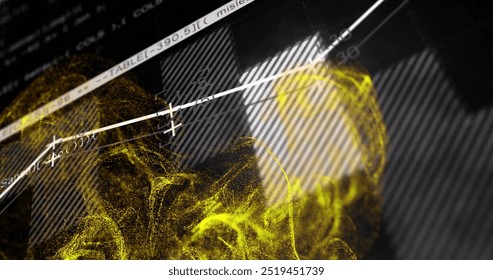 Image of yellow spots over data processing on black background. Pattern, technology and digital interface concept digitally generated image.