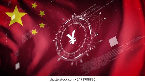 Image of yen symbol and calculator over flag of china. Global finance, business, connections, computing and data processing concept digitally generated image.