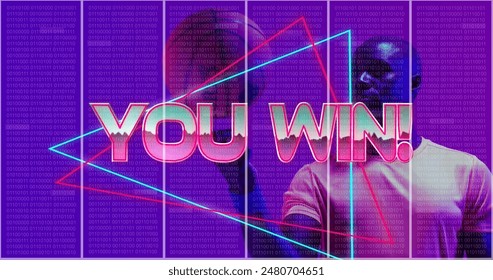 Image of you win text over vibrant neon lines and african american basketball player. image game, digital interface, communication, computing and data processing concept digitally generated image. - Powered by Shutterstock