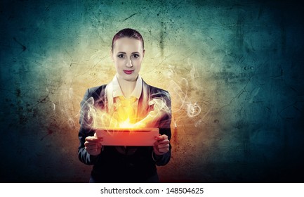 Image Of Young Business Woman Holding Ipad