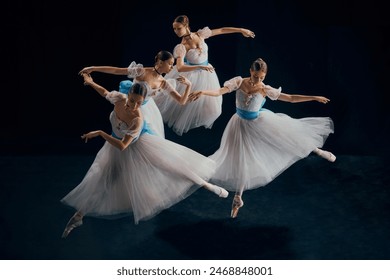 Image of young female ballet dancers in synchronized motion, their white tutus creating fluid harmony of blurred elegance. Concept of beauty, classic and modernity, contemporary art. Ad - Powered by Shutterstock