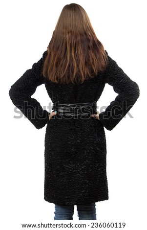Image of the young woman from the back on white background