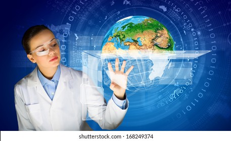 Image Of Young Woman Scientist In Goggles Against Media Screen. Elements Of This Image Are Furnished By NASA