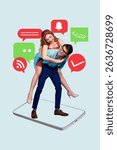 Image zine trend photo collage of two happy girl guy stand phone screen notification interface icon bell message networking chat