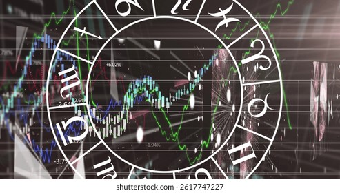 Image of zodiac signs over data processing on black background. global technology, computing and digital interface concept digitally generated image.