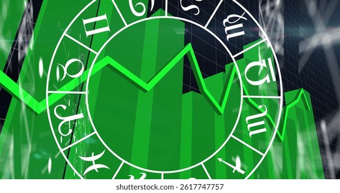 Image of zodiac signs over data processing on black background. global technology, computing and digital interface concept digitally generated image.