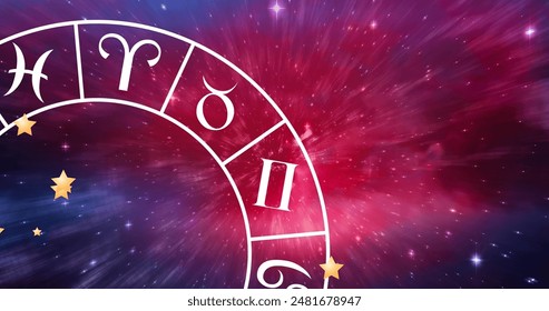 Image of zodiac wheel spinning on starry night sky. Horoscope, zodiac, star signs and astrology concept digitally generated image. - Powered by Shutterstock