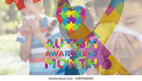 Images of colorful puzzle pieces and ribbon over diverse group of children. Autism awareness concept digital generated image. - Powered by Shutterstock