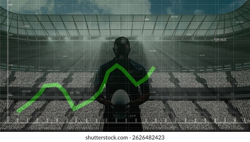 Изображения обработки финансовых данных над афроамериканским регбистом. Спорт, соревнования, развлечения и технологии концепции цифрового композитного изображения.