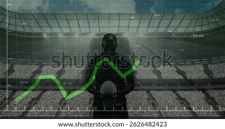 Images of financial data processing over african american rugby player. Sports, competition, entertainment and technology concept digital composite image.