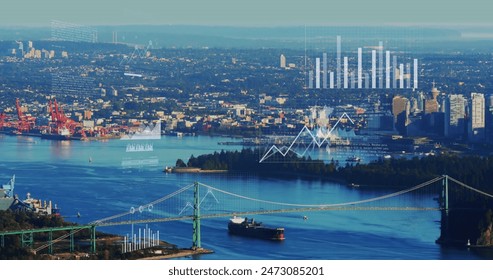 Images of statistics and financial data processing, as well as time-lapse image of boats moving in the sea. Global business finances and digital interface concept digitally generated image.
