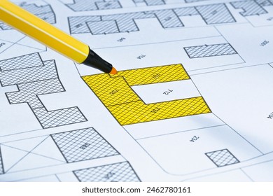Imaginary cadastral map with buildings, land parcel and vacant plot - land and property registry and real estate property concept illustration
