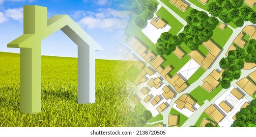 Imaginary cadastral map with green areas and General Urban Plan with buildings and land parcel - real estate property concept with small house