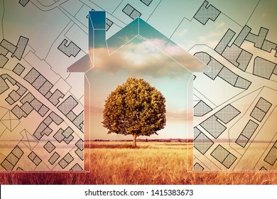 Imaginary Cadastral Map Of Territory With Buildings, Roads And Land Parcel With An Home Silhouette And Green Tree In A Field - Planning A New Home In Nature - Concept Image.