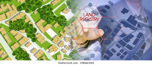 Imaginary cadastral map of territory with buildings, roads and land parcel - Land Registry concept with business manager pointing to icons against a digital display
