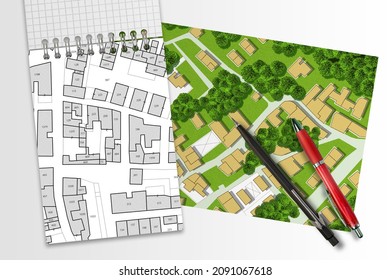 Imaginary Cadastral Map Of Territory With Buildings, Roads And Land Parcel - Land Registry Concept 
Illustration