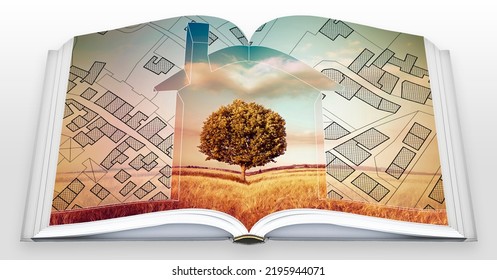 Imaginary Cadastral Map Of Territory With Buildings And Land Parcel With An Home Silhouette And Green Tree In A Field - Planning A New Home Concept With Real Opened Book