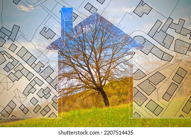 Imaginary Cadastral Map Of Territory With Buildings, Roads And Land Parcel With An Home Silhouette And Green Tree In A Field - Planning A New Home In Nature - Concept Image.