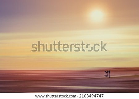 Imaginary flat and deserted landscape with four silhouettes of people