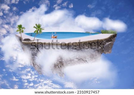An imaginary floating island with beautiful blue sea,white sandy beaches,green spaces and coconut palms.There were white clouds floating around the island.