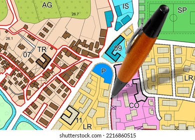 Imaginary General Urban Plan Concept - Zoning Regulations With Zoning Districts, Urban Destinations, Land Use, Buildable Areas, Land Plot And Pen