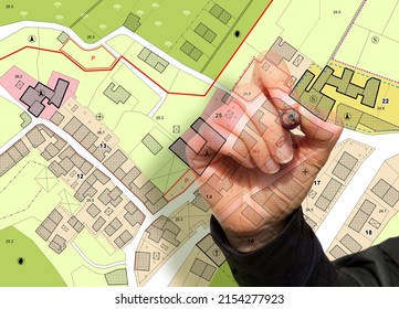 Imaginary General Urban Plan With Indications Of Urban Destinations With Buildings, Roads, Buildable Areas And Land Plot With Female Hand Writing