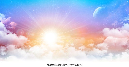 Imaginary Panoramic Sunrise. High Resolution Sunny Sky Background, Star Field And Planet In Deep Space.