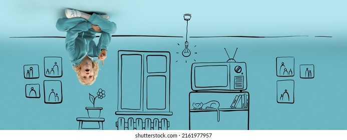 Imaginary world  Funny kid  little boy sitting the ceiling in drawn room isolated blue background and pencil sketch  Concept emotions  ideas  imagination  Upside down