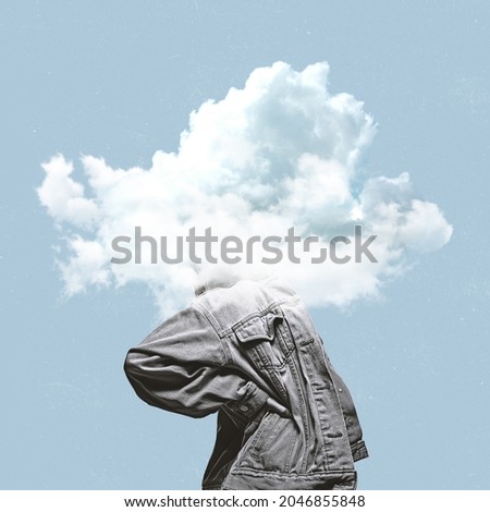 Imagination. Dreaming. Contemporary art collage of human head in cloud isolated over blue background. Concept of inspiration, creativity, dreams, design. Copy space for ad