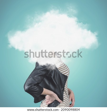 Imagination. Dreaming. Contemporary art collage of human head in white cloud