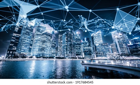 Imaginative visual of smart digital city with globalization abstract graphic showing connection network . Concept of future 5G smart wireless digital city and social media networking systems .