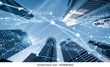 Imaginative visual of smart digital city with globalization abstract graphic showing connection network . Concept of future 5G smart wireless digital city and social media networking systems . - Shutterstock ID 1928082863