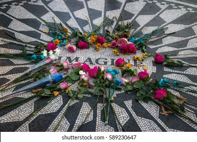 The Imagine Mosaic With Flowers On Day Of John Lennon Death At Strawberry Fields In Central Park, Manhattan - New York, USA