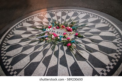 The Imagine Mosaic With Flowers On Day Of John Lennon Death At Strawberry Fields In Central Park, Manhattan - New York, USA