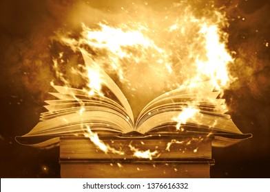 Imagine A Picture Book Of An Ancient Book Opened On A Wooden Table With A Sparkling Golden Background. With Magical Power. Magic. Lightning Around A Glowing Glowing Book In The Room Of Darkness