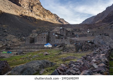 Imlil, Morocco - 8. 31. 2019: Les Mouflons de Toubkal mountain refuge in  high atlas. Situated at an altitude of 3207m. Best place to sleep on Toubkal hike.