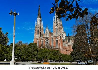 Immaculate Conception of Mary Cathedral seen from Plaza Moreno in the city of La Plata, Buenos Aires, Argentina. With neo-Gothic architecture, it is the largest Catholic Christian church in America.