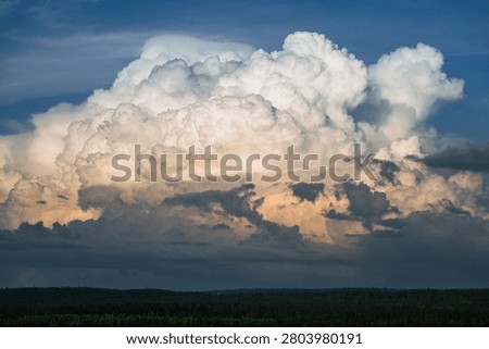 Immense cumulonimbus clouds creating a dramatic and powerful atmospheric display above a vast forest, hinting at an approaching storm with the potential for heavy rainfall and lightning